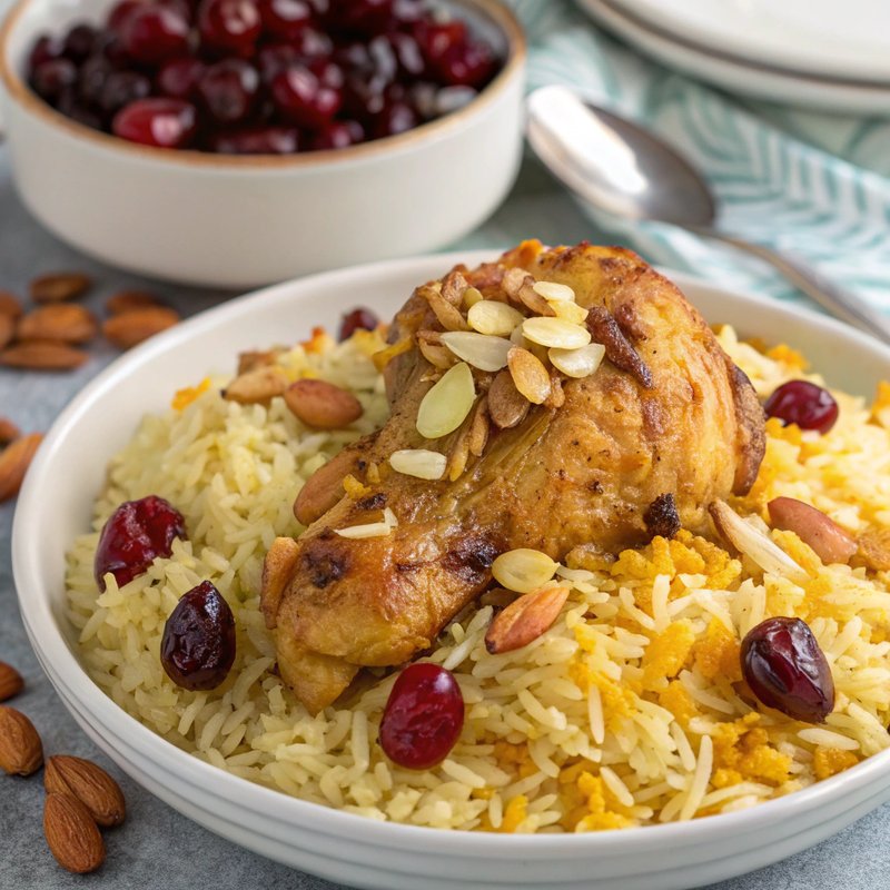 Albaloo Polo - Persian Sour Cherry Rice with Saffron Chicken