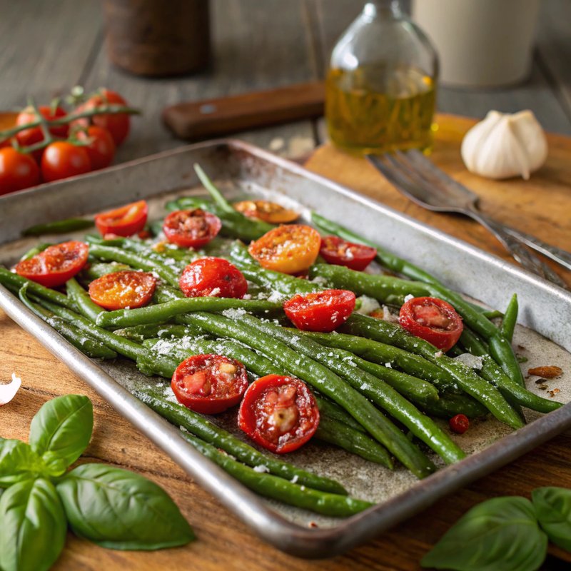 Parmesan Garlic Roasted Green Beans and Tomatoes