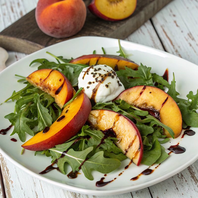 Arugula, Peach and Burrata Salad with Balsamic Glaze