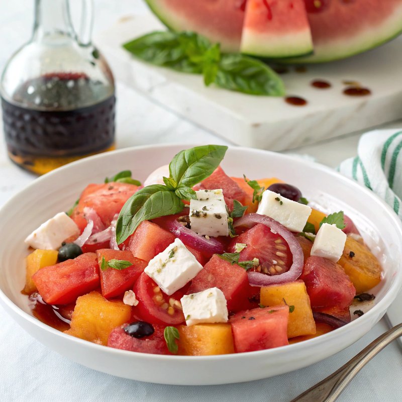 Juicy Watermelon and Tomato Salad with Feta Cheese