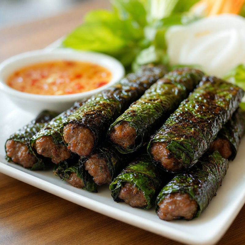 Bo La Lot - Experience the vibrant flavors of Vietnam with Bo La Lot, a delectable dish featuring seasoned ground beef wrapped in aromatic betel leaves and grille