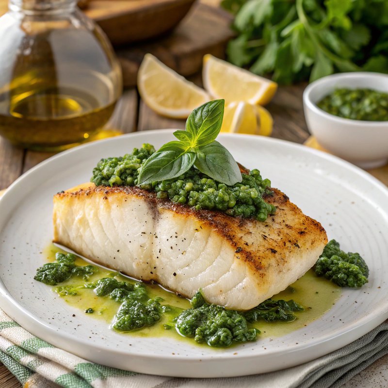 Pan-Seared Halibut with Vibrant Green Herb Pesto