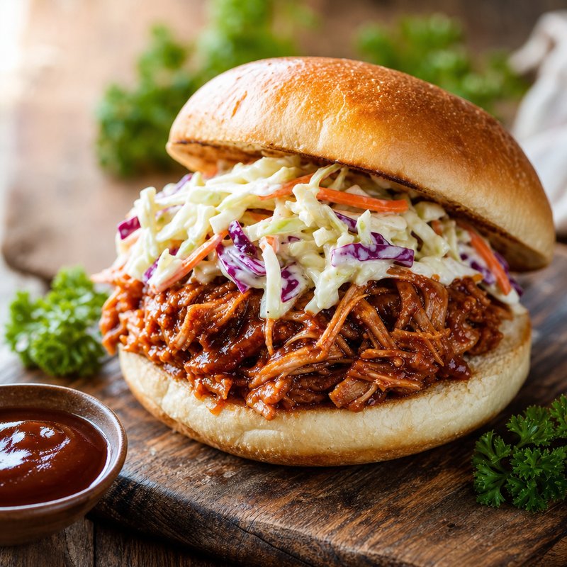 Pulled Pork Sandwich with Creamy Coleslaw - Dive into the irresistible flavors of a Pulled Pork Sandwich, where tender, slow-cooked pork shoulder meets a zesty barbecue sauce and is topped with 