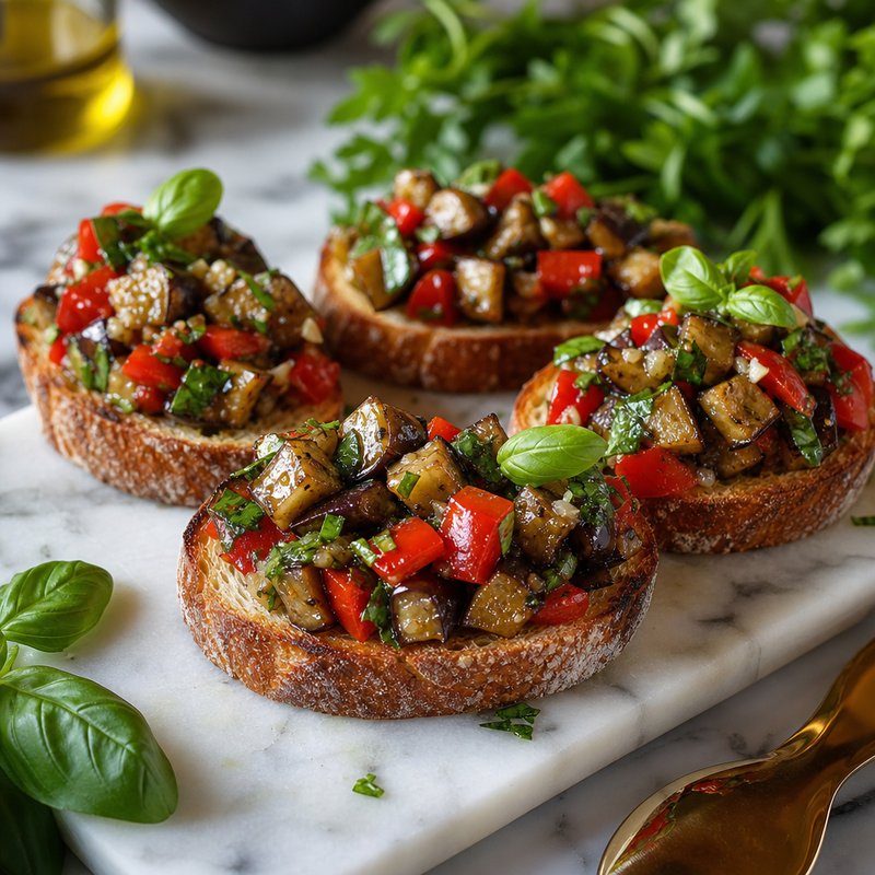 Eggplant and Red Pepper Bruschetta - Indulge in the flavors of Italy with this Eggplant and Red Pepper Bruschetta. Roasted eggplant and red pepper, marinated in a zesty blend of balsamic 