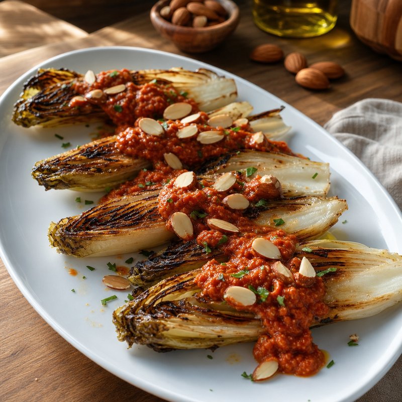 Charred Endive with Romesco Sauce - Delight in the exquisite combination of smoky charred endive and vibrant romesco sauce, a dish that embodies the spirit of Mediterranean cuisine. The 