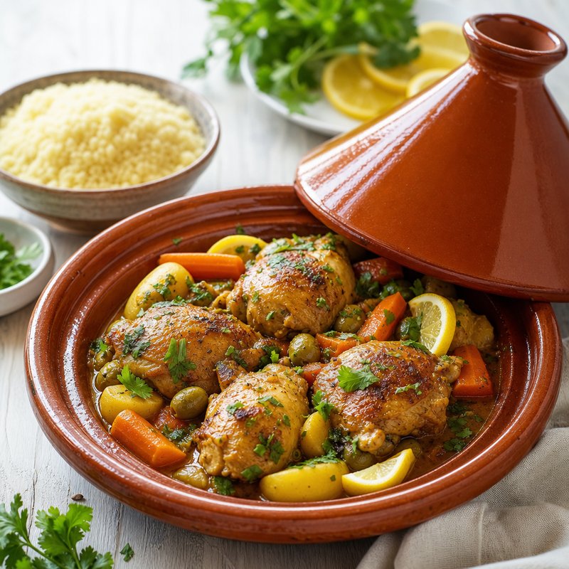 Moroccan Chicken Tagine - Experience the vibrant flavors of Morocco with this aromatic chicken tagine, a dish that embodies the essence of Moroccan cuisine. Tender chicken thig