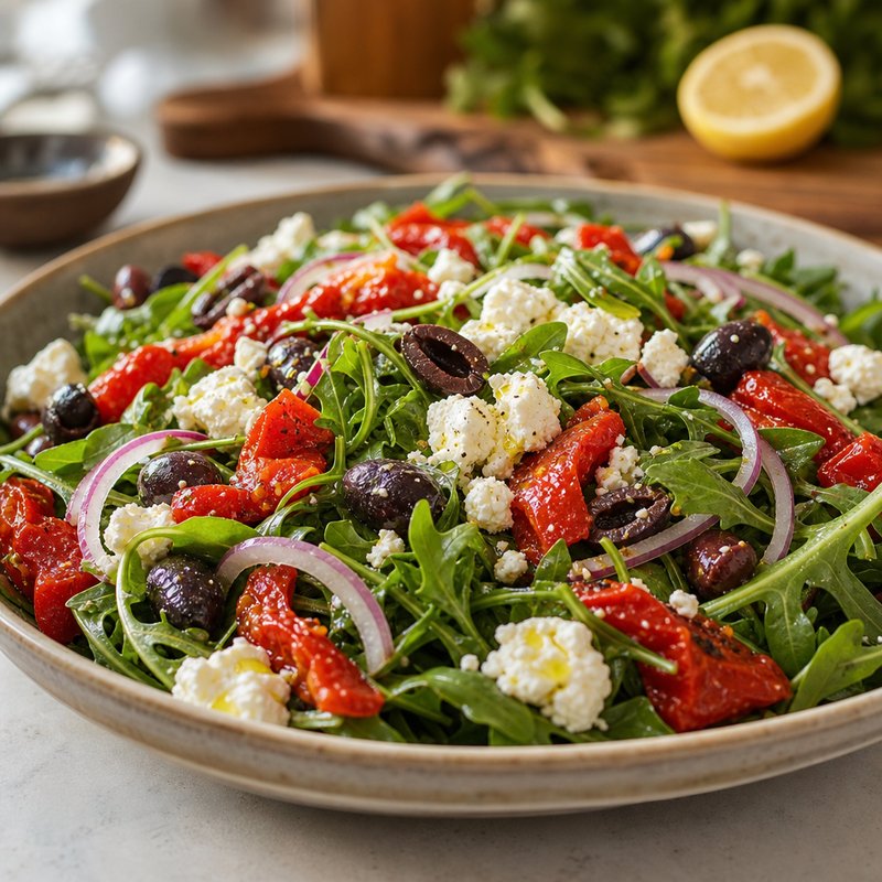 Arugula Roasted Red Pepper and Feta Salad - Indulge in the vibrant flavors of this Arugula Roasted Red Pepper and Feta Salad. The peppery notes of fresh arugula harmonize beautifully with the sw