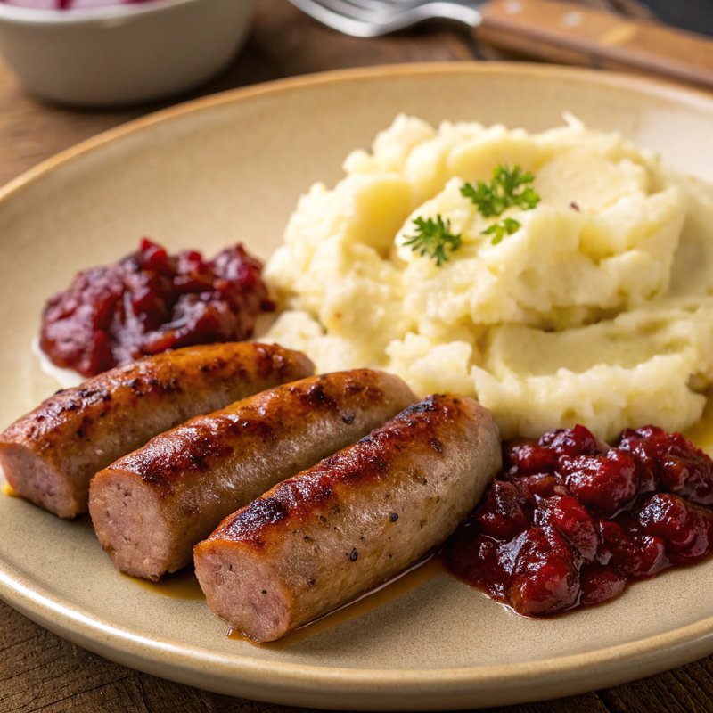 Falukorv with Mashed Potatoes and Lingonberry Sauce