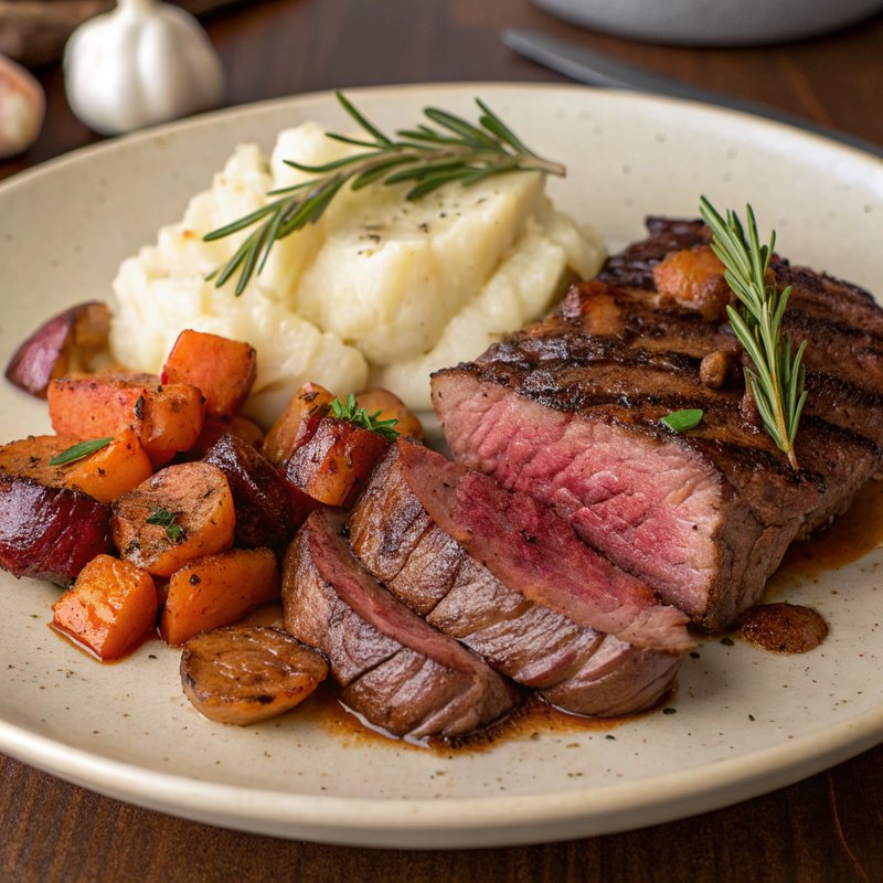Sirloin Steak with Roasted Root Vegetables and Creamy Smashed Red Potatoes