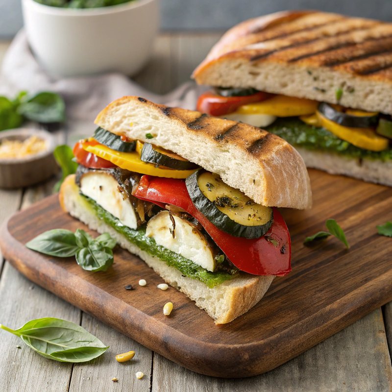 Tuscan Grilled Vegetable Panini with Homemade Basil Pesto