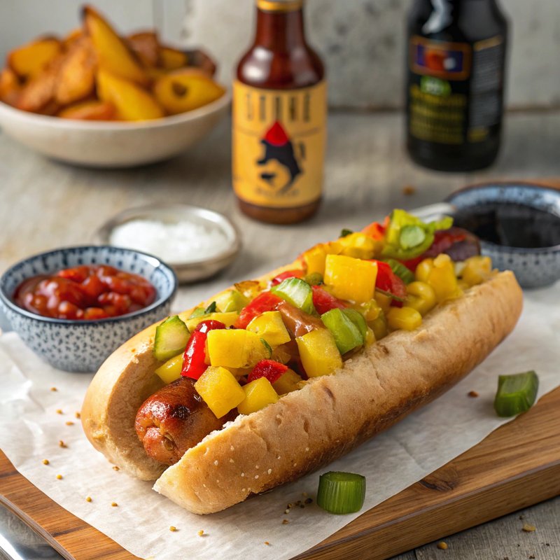 Sweet and Sour Hot Dog with Pineapple and Bell Pepper Relish