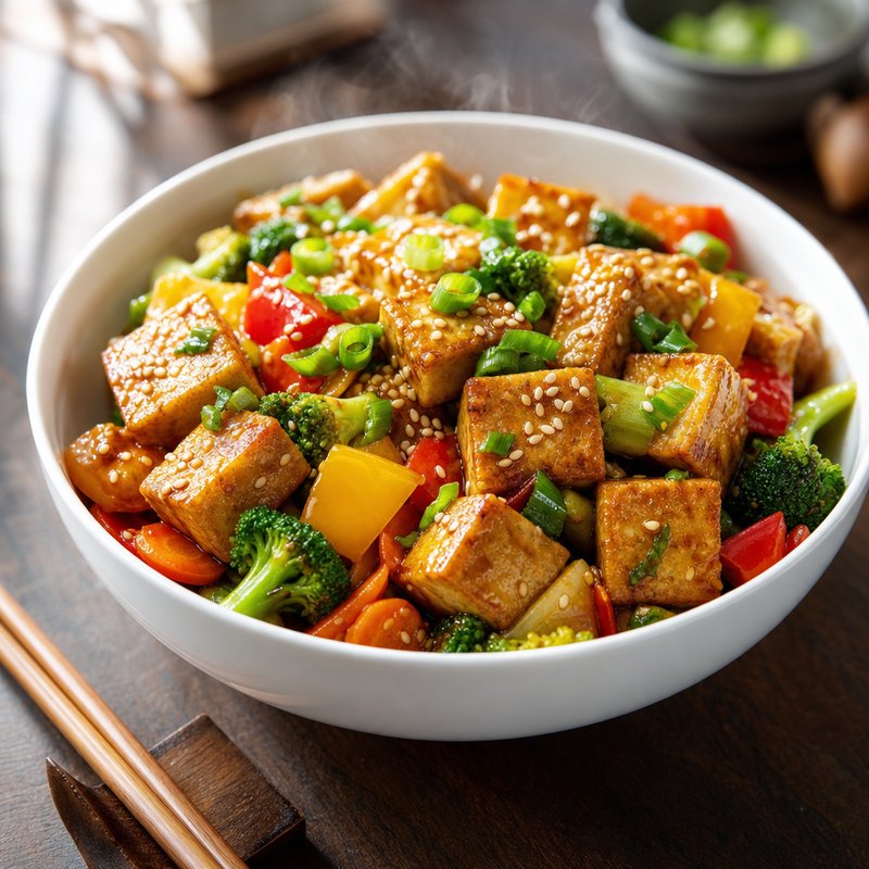 Tofu Stir Fry - Experience the vibrant flavors of Asia with this delectable Tofu Stir Fry. Crispy golden-brown tofu cubes are sautéed with an abundance of colorful mi
