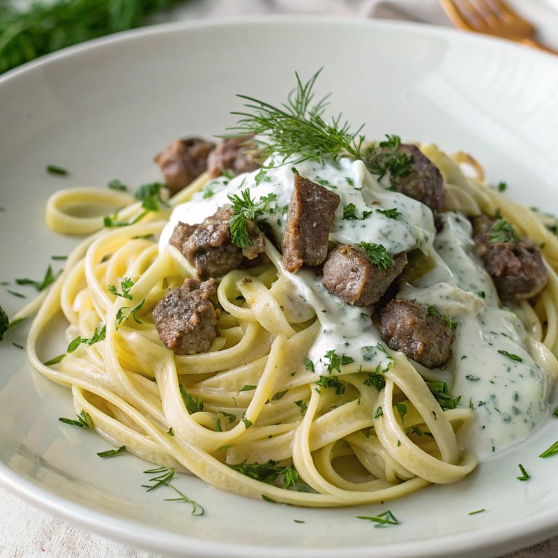 Linguine with Tzatziki and Lamb