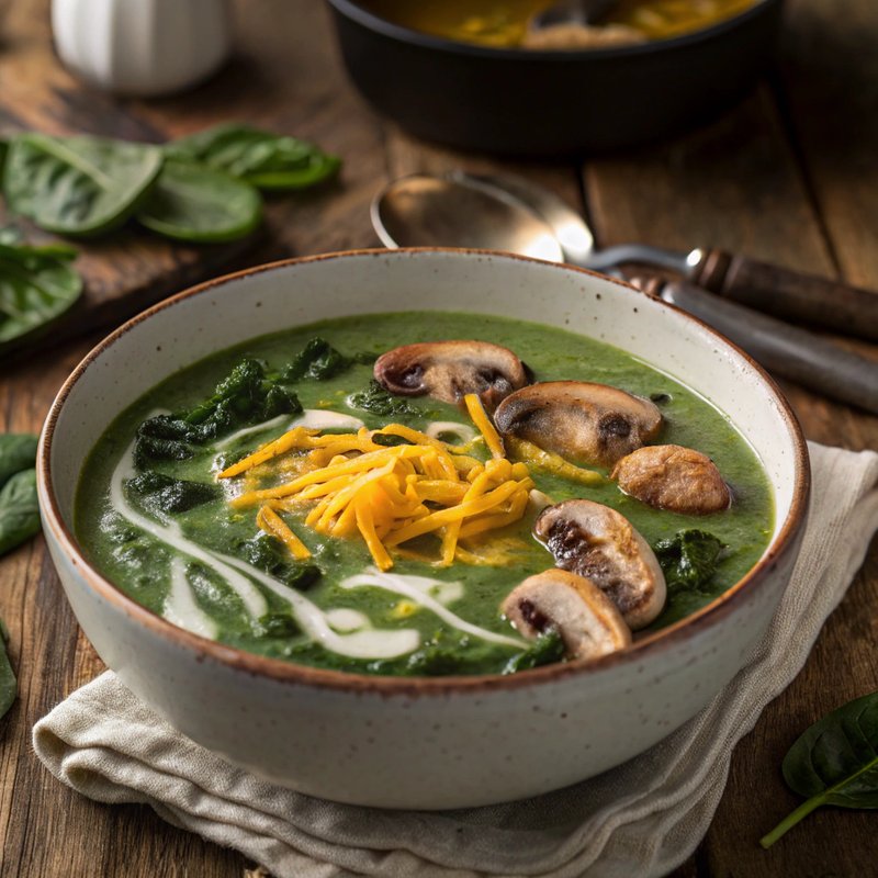 Creamy Mushroom and Spinach Soup with Cheddar
