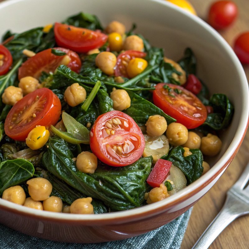 Sautéed Swiss Chard with Chickpeas and Tomatoes - A vibrant and nutritious Mediterranean dish that combines the earthiness of Swiss chard with the hearty texture of chickpeas and the sweetness of toma