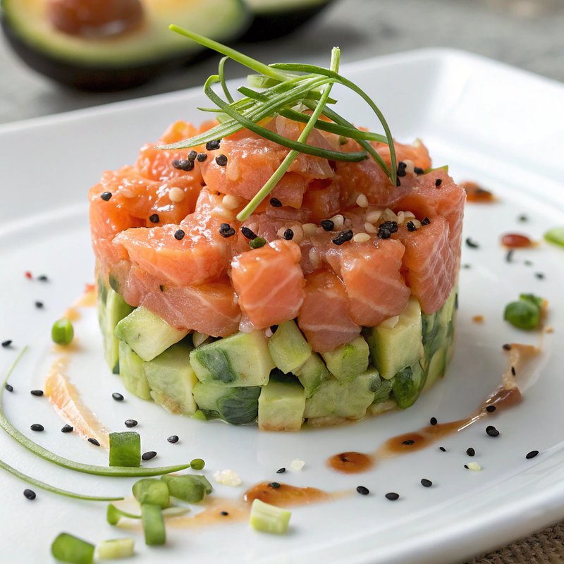 Salmon Tartare - A refreshing and elegant salmon tartare that beautifully blends French and Japanese culinary traditions. This dish highlights the delicate flavor of f