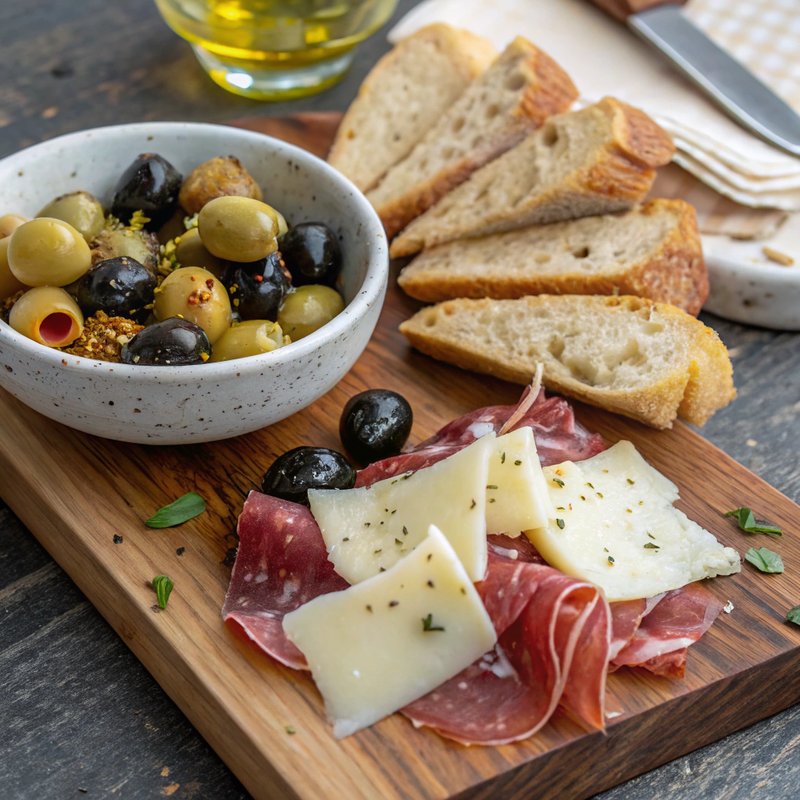 Spanish Tapa with Marinated Olives, Cured Ham, and Manchego Cheese