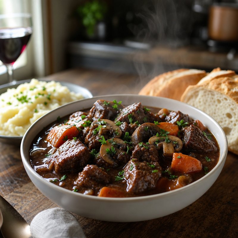Boeuf Bourguignon - Boeuf Bourguignon, a timeless French classic, is a rich and hearty beef stew that transports you to the rustic kitchens of Burgundy. Slow-cooked in ro