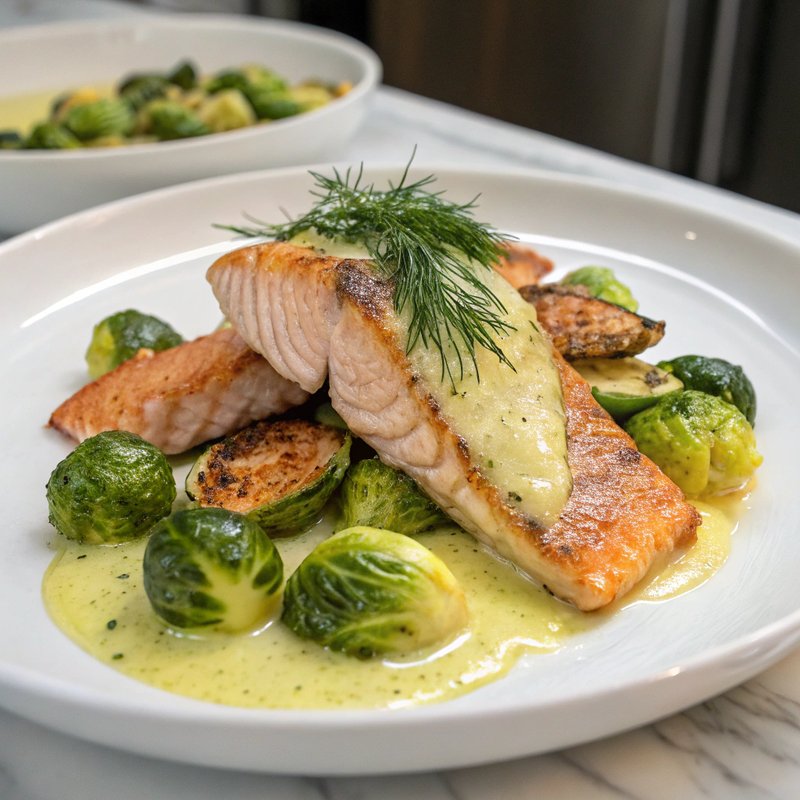 Steelhead Trout with Roasted Brussels Sprouts and Lemon-Dill Sauce
