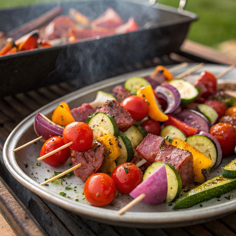 Grilled Pastrami and Veggie Skewers