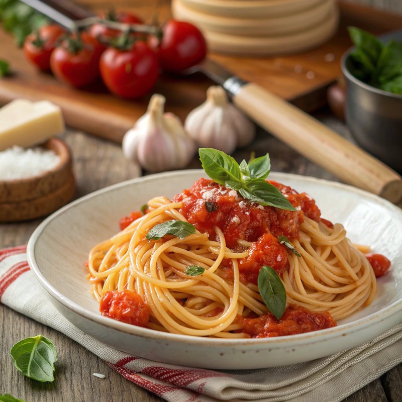 Pasta al Pomodoro - A classic Italian dish featuring spaghetti tossed in a fresh, vibrant tomato sauce, highlighted by garlic and fresh basil. This dish celebrates simpli