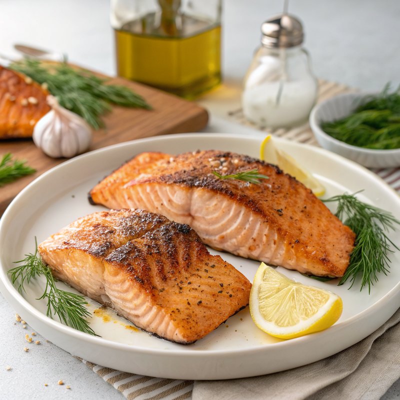 Pan-Seared Salmon - A simple yet elegant dish, Pan-Seared Salmon showcases the natural flavors of the fish, enhanced by a crispy skin and a hint of lemon. This dish is no
