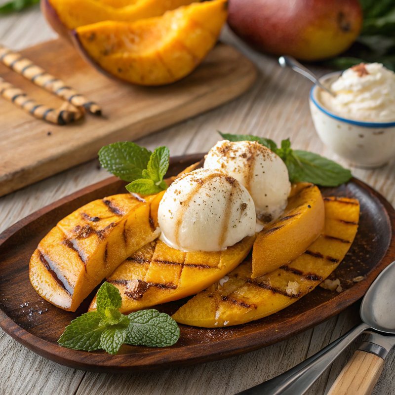 Honey-Cinnamon Grilled Mango with Vanilla Ice Cream