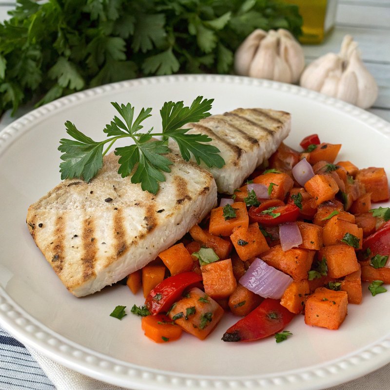 Grilled Swordfish with Sweet Potato Hash