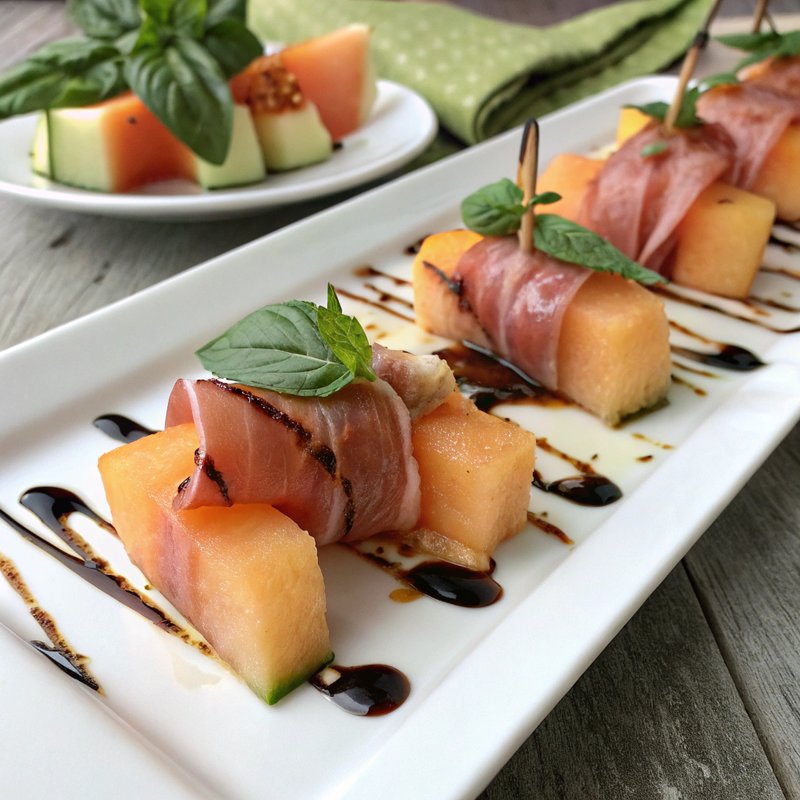Prosciutto Wrapped Melon with Balsamic Glaze