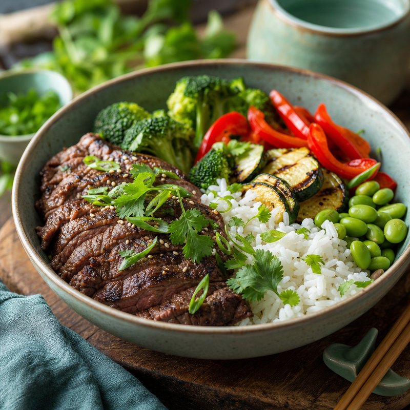 Steak Bowl - A delicious and vibrant steak bowl featuring marinated flank steak, fluffy rice, and a colorful mix of vegetables, including added onions and zucchini