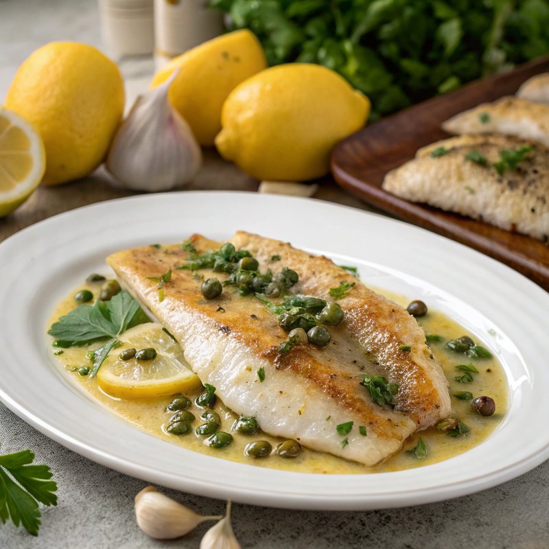 Branzino Piccata - Branzino Piccata is a delightful Italian dish featuring tender branzino fish fillets, sautéed to perfection in a lemony caper sauce. This dish is not 