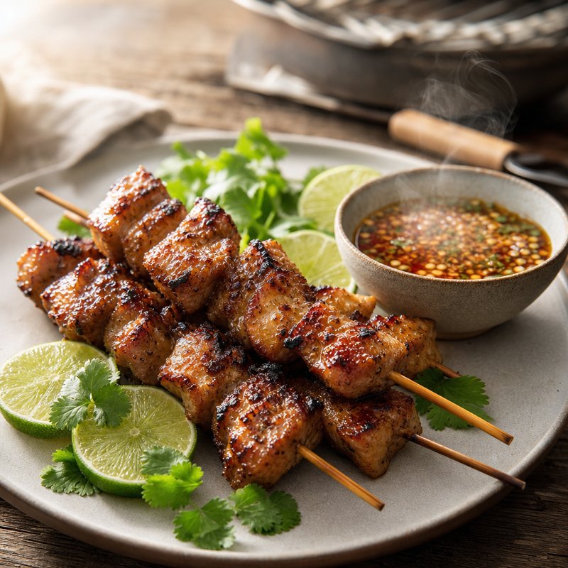 Grilled Pork Skewers with Tangy Dipping Sauce - These delectable Grilled Pork Skewers are a delightful fusion of flavors, featuring tender chunks of pork tenderloin marinated in a zesty blend of gin