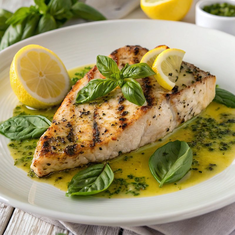 Grilled Swordfish with Basil and Lemon Butter Sauce