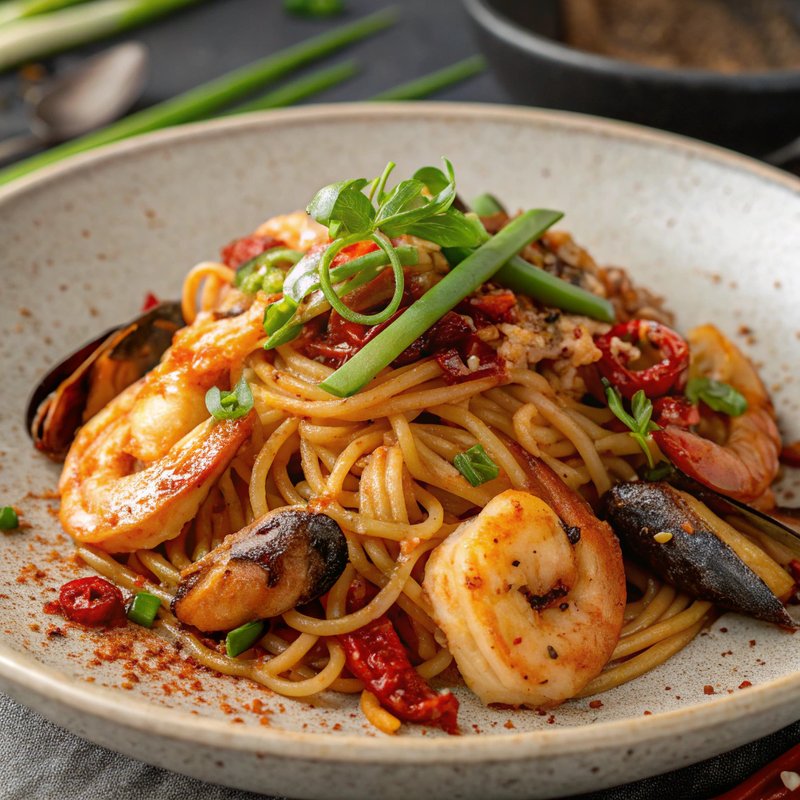 Wok Fried Spaghetti with Seafood
