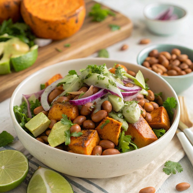 Roasted Sweet Potato and Pinto Bean Salad with Tangy Lime Dressing