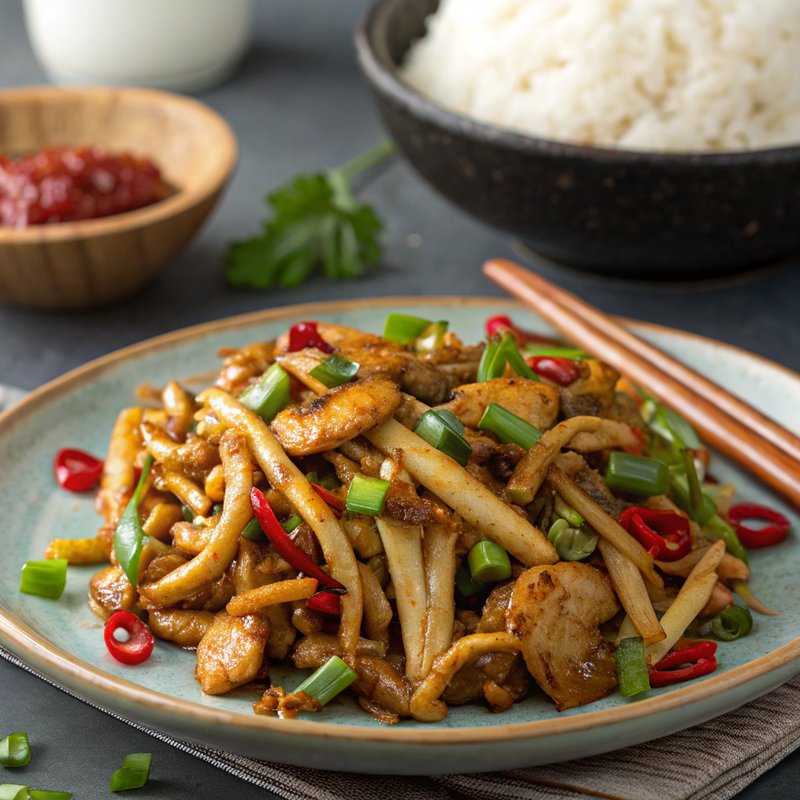 Spicy Fried Enokitake Mushrooms with Chilies