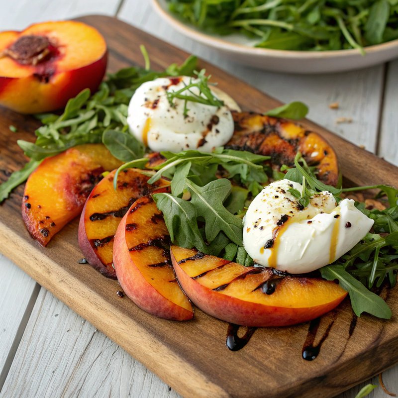 Grilled Peach and Burrata Salad with Arugula