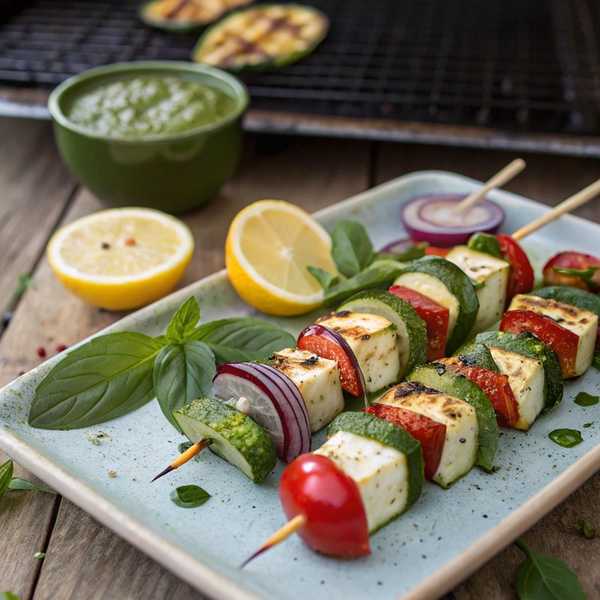 Grilled Halloumi and Summer Vegetable Skewers with Basil Dressing