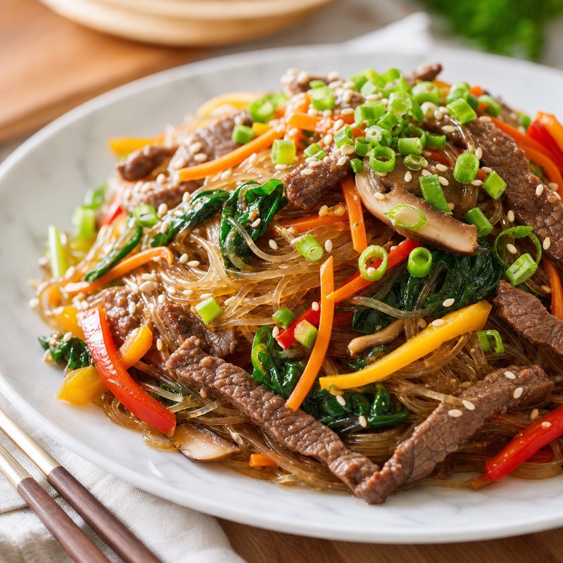Japchae - Japchae is a traditional Korean dish that captivates with its vibrant colors and rich flavors. Combining chewy sweet potato glass noodles with tender 