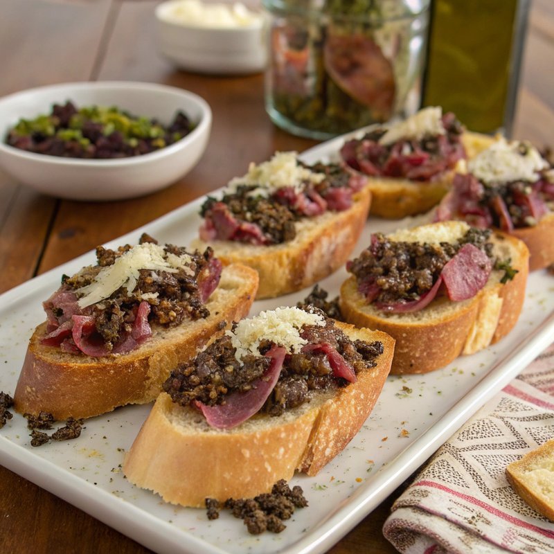 Pastrami and Olive Tapenade Crostini