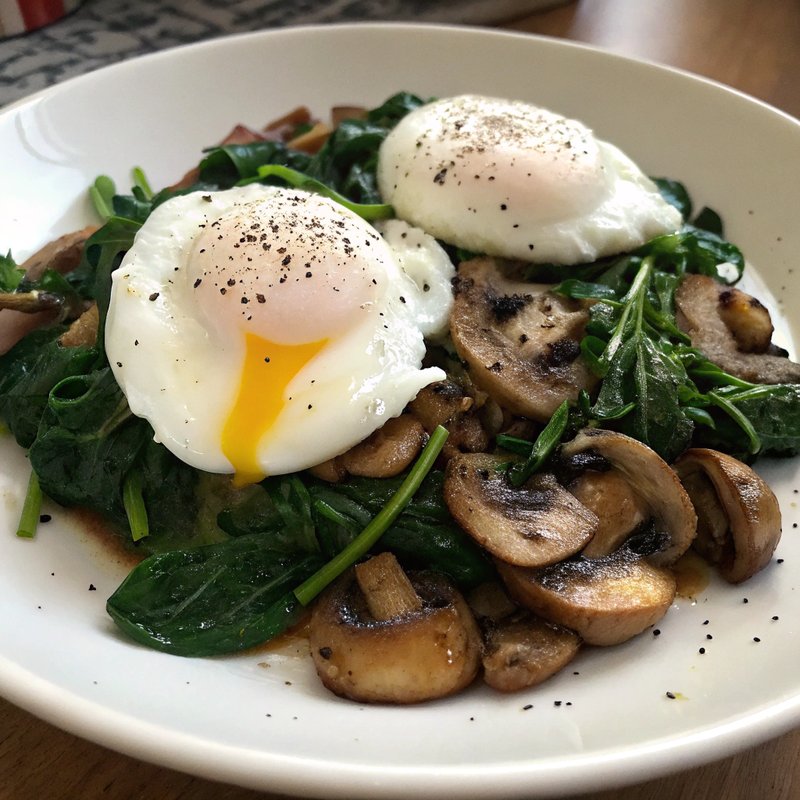 Poached Eggs Over Spinach and Mushrooms
