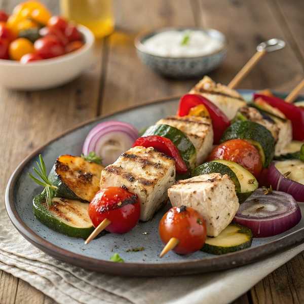 Mediterranean Swordfish Skewers with Summer Vegetables