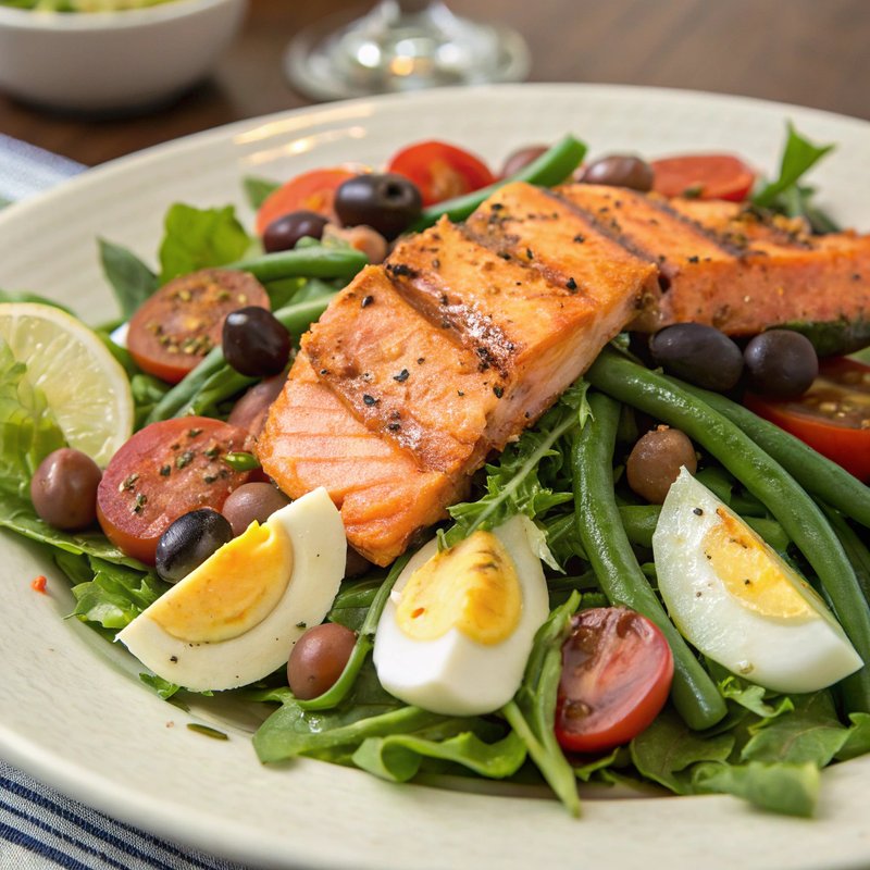 Salmon Niçoise Salad - A vibrant and nutritious Salmon Niçoise Salad, featuring fresh greens, tender salmon, hard-boiled eggs, and a zesty vinaigrette. Originating from the 