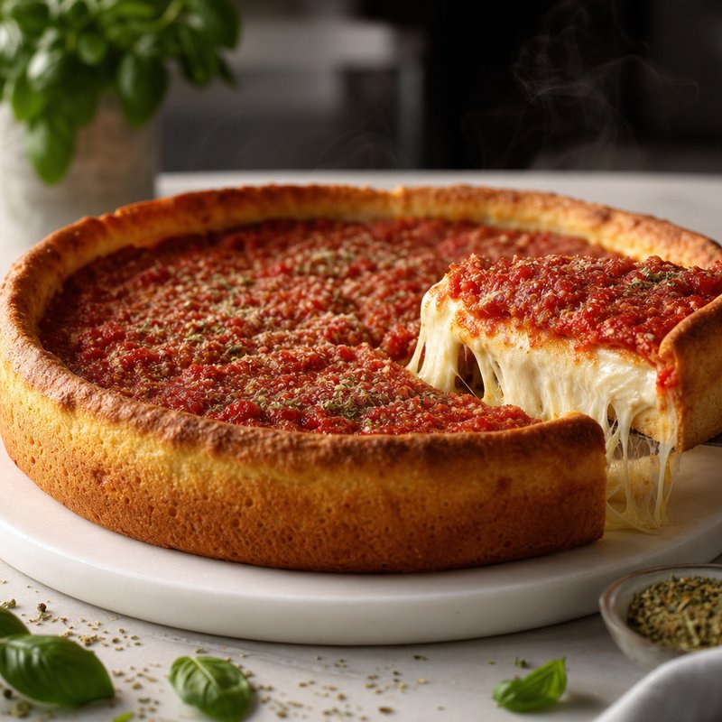 Chicago Style Deep-Dish Pizza - Indulge in the rich and hearty flavors of this Chicago Style Deep-Dish Pizza, a beloved staple from the Windy City. Known for its thick, buttery crust
