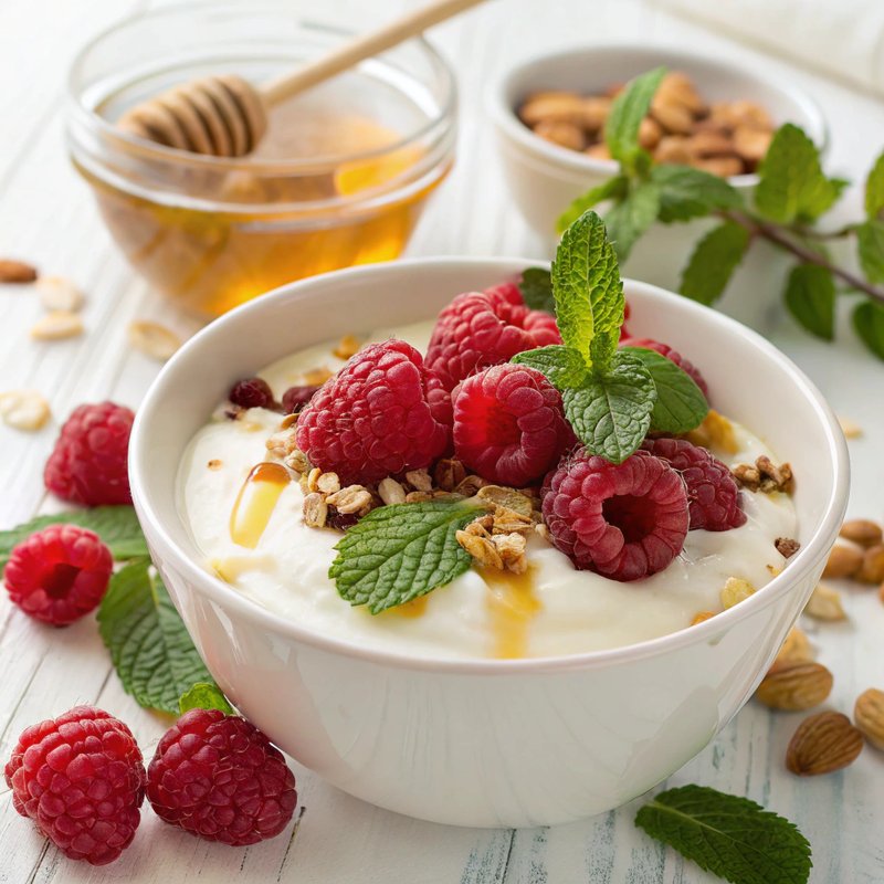 Creamy Raspberry Yogurt with Honey and Mint