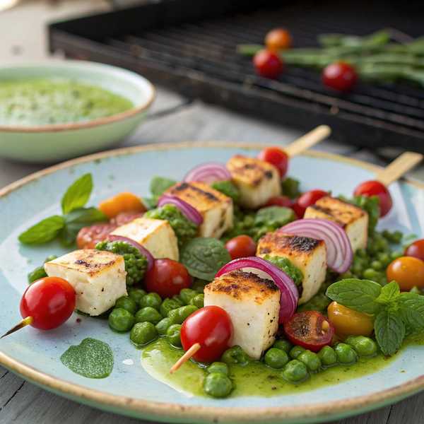 Grilled Pea and Halloumi Skewers with Mint Vinaigrette