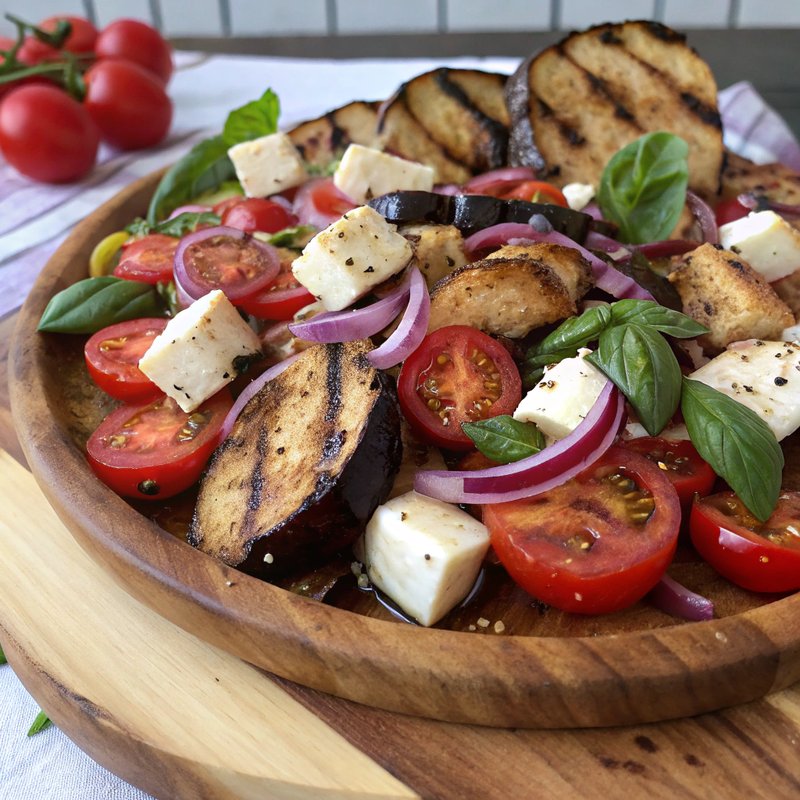 Grilled Eggplant and Roasted Tomato Panzanella Salad