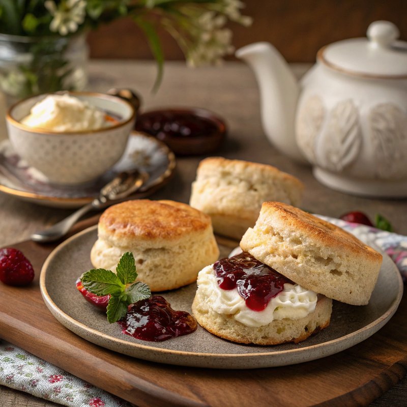 Traditional British Scones with Clotted Cream and Jam