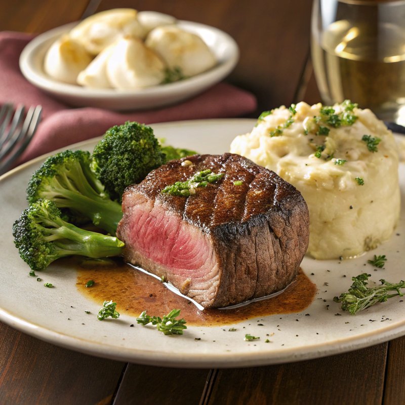 Filet Mignon with Garlic Mashed Potatoes and Steamed Broccoli