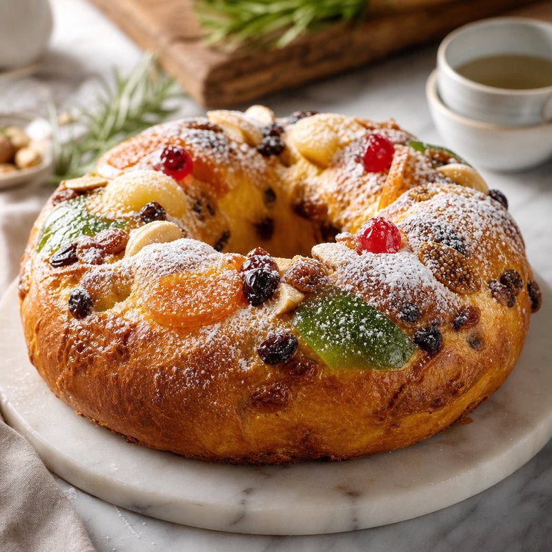 Bolo Rei (King's Cake) - Bolo Rei, or King's Cake, is a vibrant Portuguese holiday tradition that is sure to brighten any festive gathering. This rich, yeasted cake is adorned